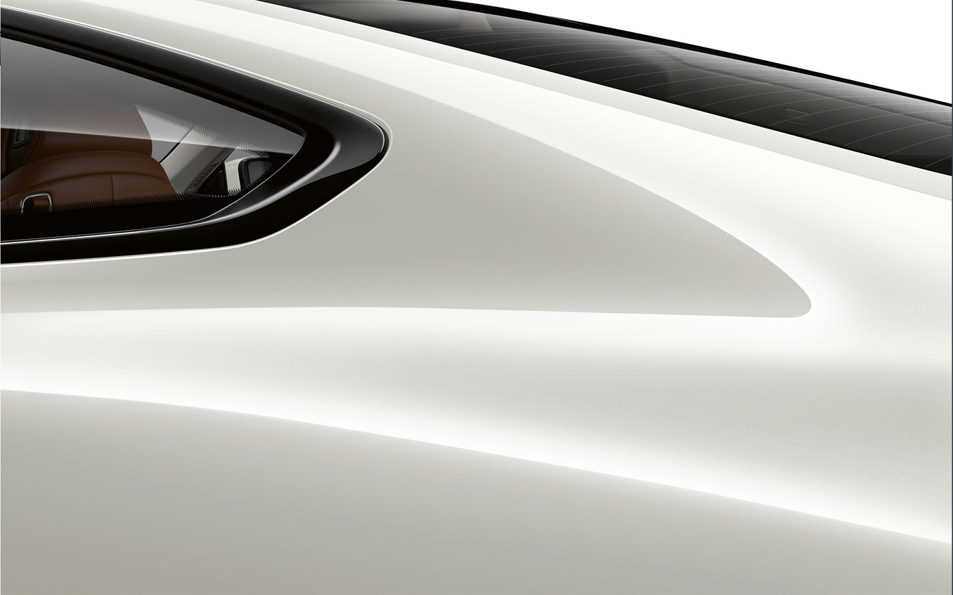 Close-up of the C pillar of the BMW 8 Series Coupé in Mineral White metallic.