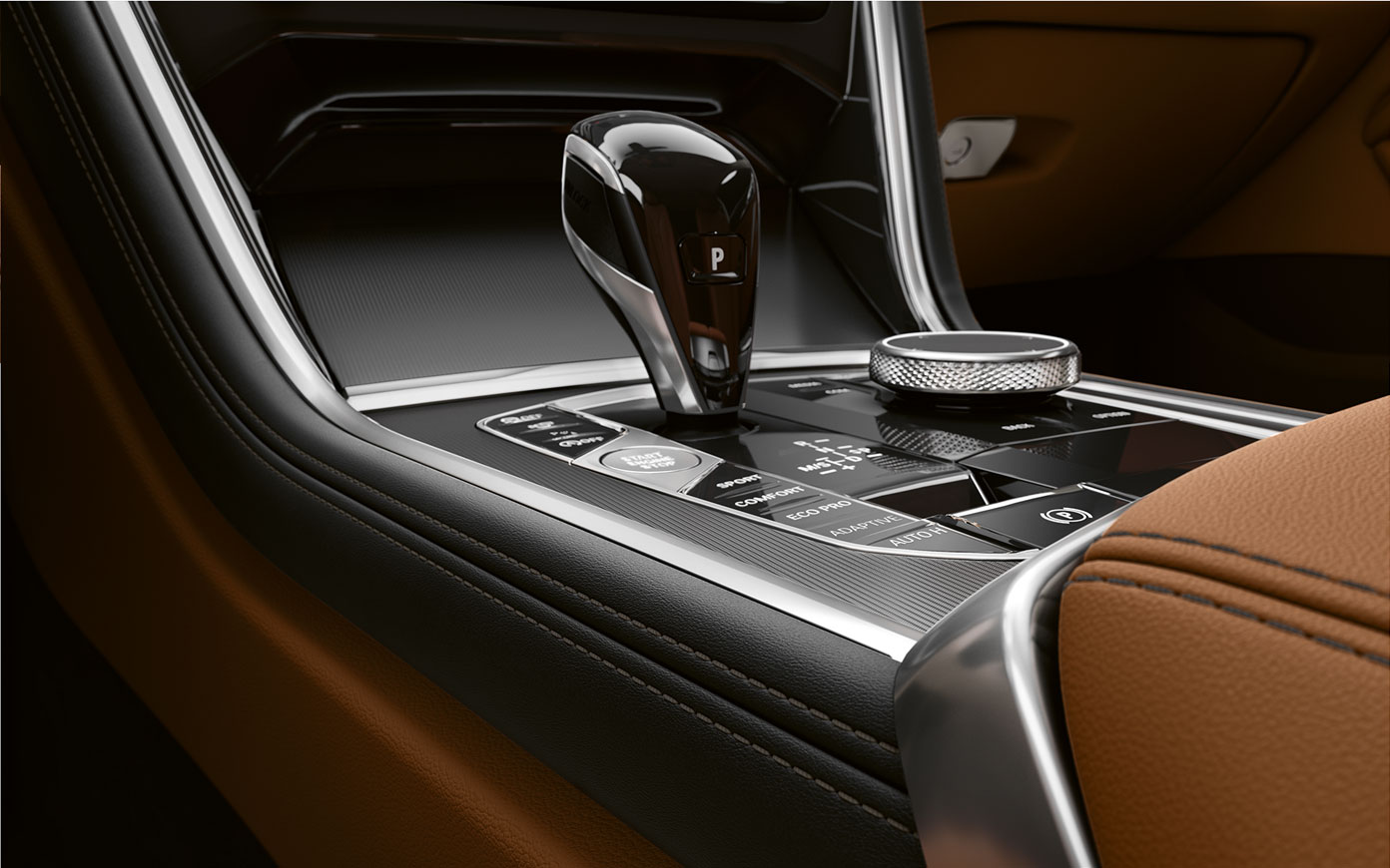 Close-up of the middle console of the BMW 8 Series Coupé.